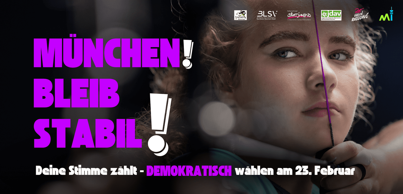 Porträt einer jungen Frau, die einen Pfeil in der Hand hält, mit Texten über Wahlen in München im Hintergrund.