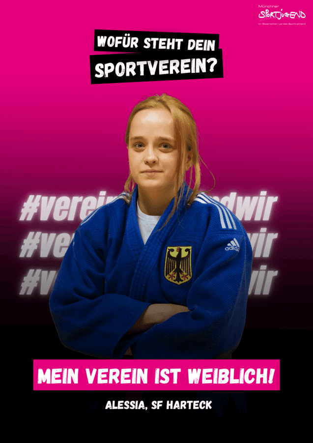 M&auml;dchen im Judoanzug mit den Worten &bdquo;Mein Verein ist weiblich!&ldquo; vor einem pinken Hintergrund.