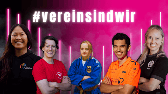 F&uuml;nf Sportler in verschiedenen Outfits vor einem bunten Hintergrund mit dem Schriftzug &bdquo;#vereinsindwir&ldquo;.