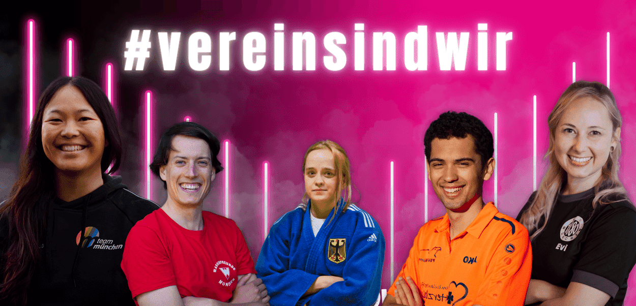 Fünf Sportler in verschiedenen Outfits vor einem bunten Hintergrund mit dem Schriftzug „#vereinsindwir“.