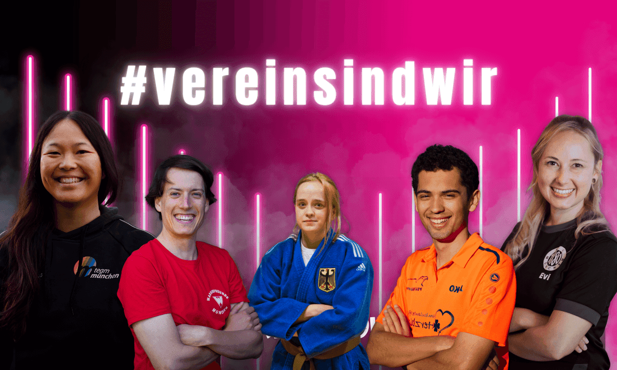 F&uuml;nf Sportler in verschiedenen Outfits vor einem bunten Hintergrund mit dem Schriftzug &bdquo;#vereinsindwir&ldquo;.