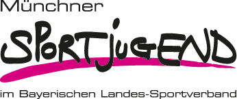 Logo der M&uuml;nchner Sportjugend im Bayerischen Landes-Sportverband, bestehend aus verschn&ouml;rkelten Schriftz&uuml;gen in Schwarz und Pink.