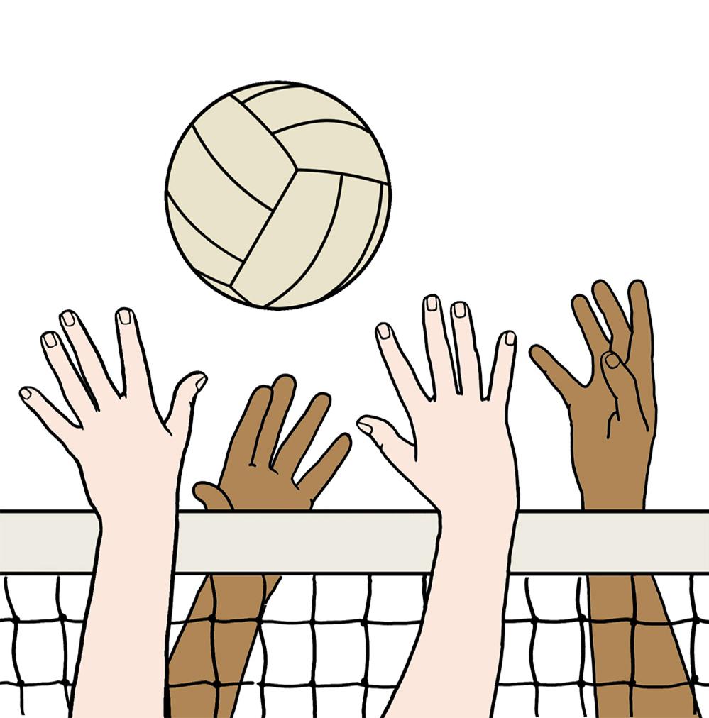 H&auml;nde in verschiedenen Hautt&ouml;nen heben sich &uuml;ber ein Volleyballnetz, w&auml;hrend ein Volleyball dar&uuml;ber schwebt.