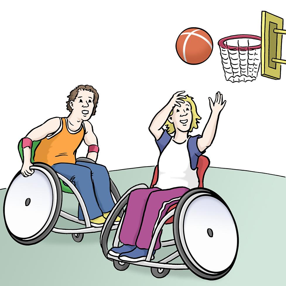 Zwei Personen im Rollstuhl spielen Basketball, w&auml;hrend ein Ball Richtung Korb fliegt.