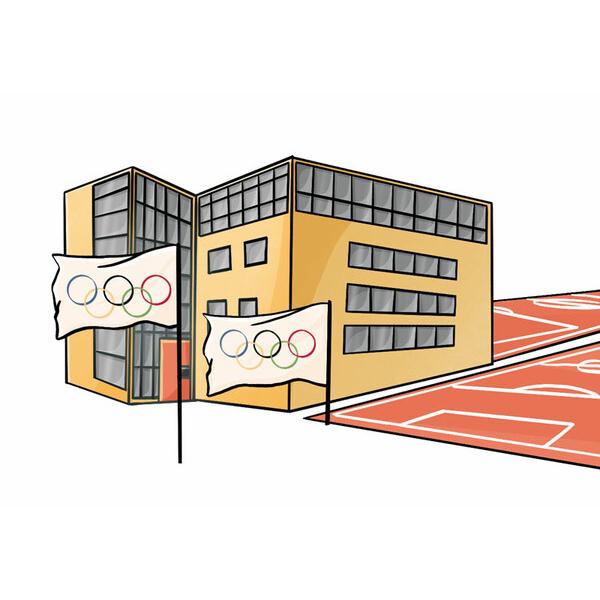 Moderne Sporteinrichtung mit Olympiageldern und angrenzendem roten Sportplatz.