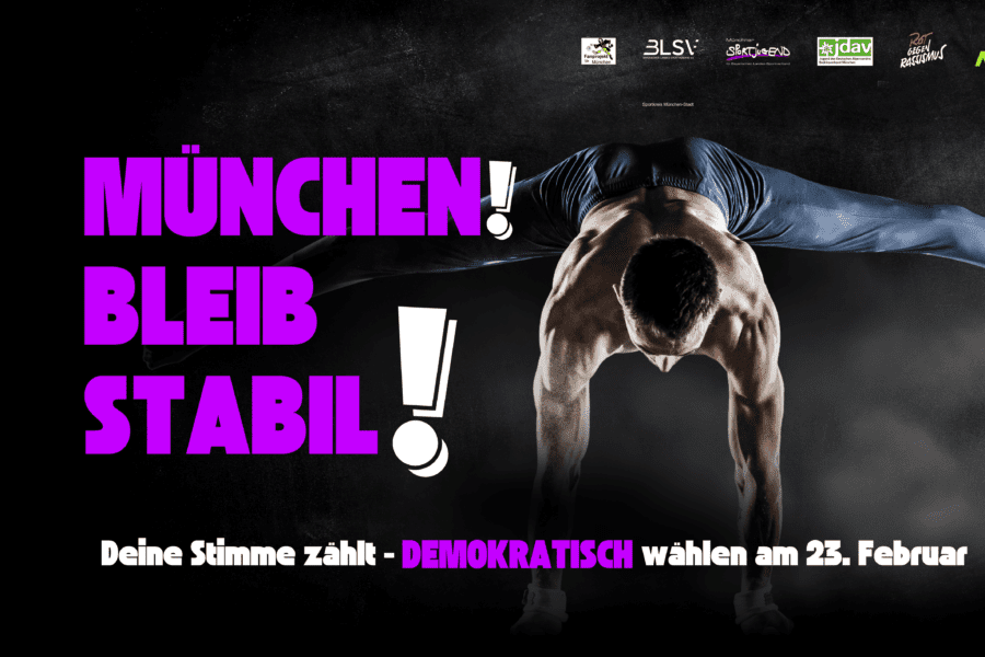 Mann in Sportkleidung führt einen Handstand durch; Text über Wahlen in München am 23. Februar.