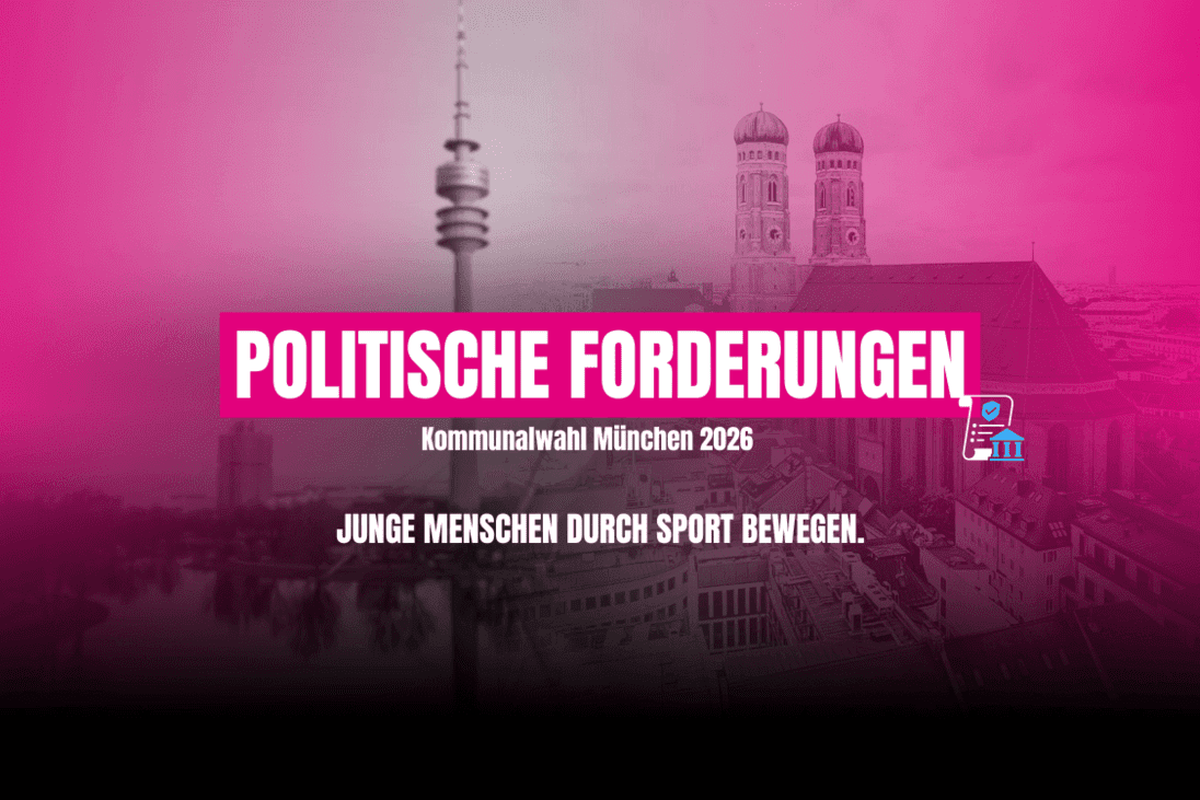 Grafik mit dem Text „Politische Forderungen“ und „Junge Menschen durch Sport bewegen“ vor einer pinken Hintergrundfarbe.