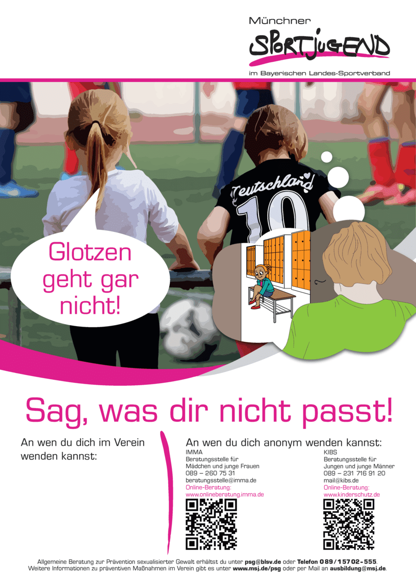 Plakat mit Jugendlichen am Fußballfeld; Text zu Anlaufstellen bei Problemen im Verein und Aufruf zum Handeln.