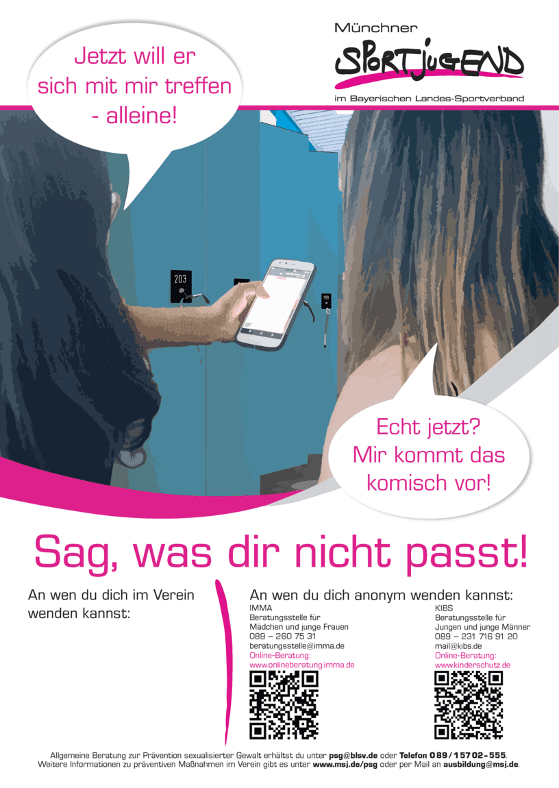 Zwei Personen mit Smartphones stehen vor blauen Spinden, um über eine mögliche unangenehme Situation zu sprechen.