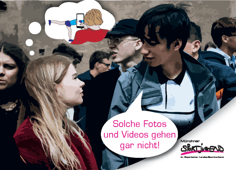 Zwei Jugendliche stehen in einer Menschenmenge und diskutieren über Fotografie; Sprechblase mit Warnung vor unerlaubten Bildern.