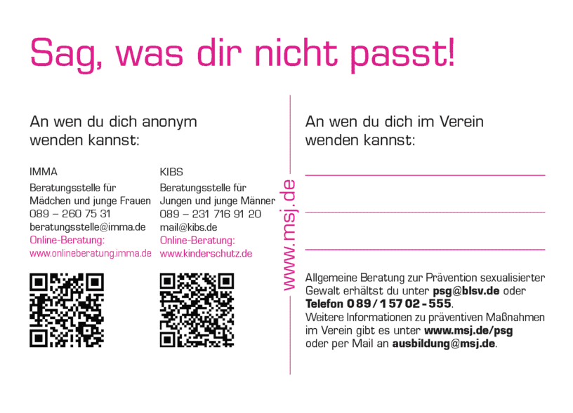 Informationskarte mit Kontaktadressen für Beratungsstellen zur Prävention sexualisierter Gewalt für Mädchen und Jungen.