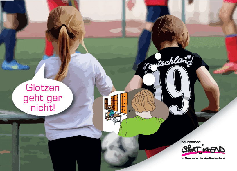 Zwei Mädchen beobachten ein Fußballspiel, eines trägt ein Trikot mit der Aufschrift "Deutschland 19". Sprechblase: "Glotzen geht gar nicht!"