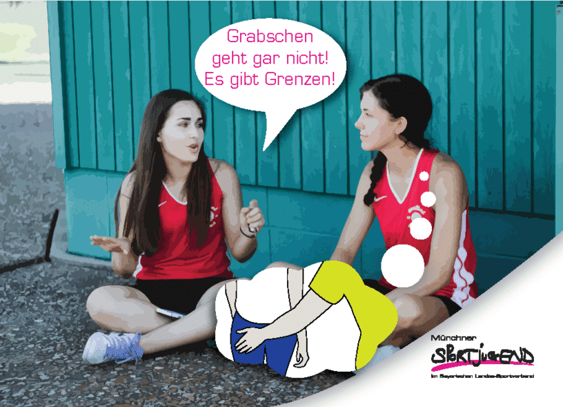 Zwei junge Frauen im Sportoutfit sitzen und diskutieren, während ein grafisches Element eine Grenzüberschreitung darstellt.