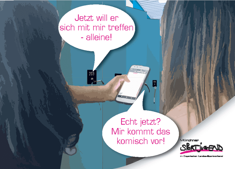 Zwei Jugendliche stehen an einer Wand und diskutieren über ein Treffen, während einer ein Smartphone in der Hand hält.