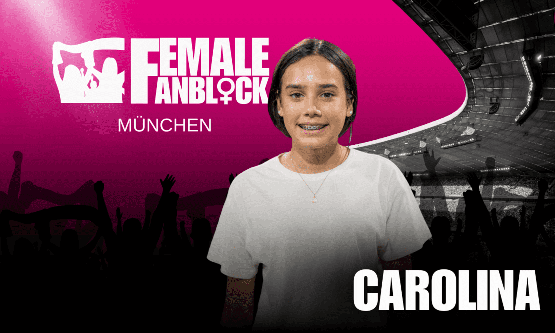 Porträt einer jungen Frau namens Carolina vor einem pinken Hintergrund mit dem Logo "FEMALE ANBLOCK MÜNCHEN".