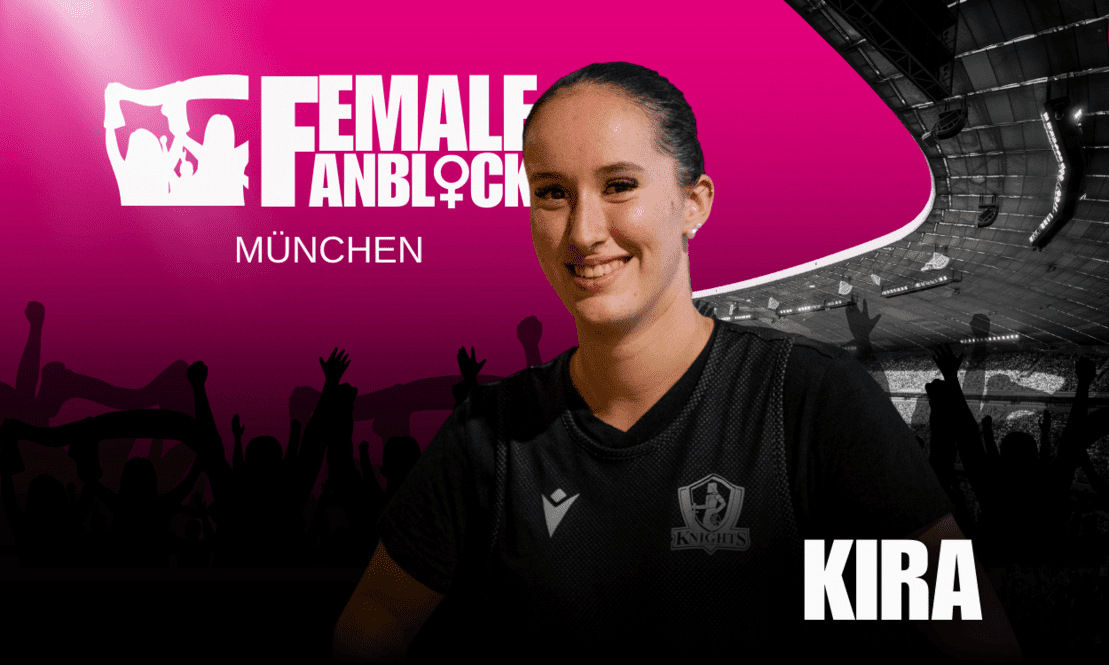 Porträt einer lächelnden Frau namens Kira, im Vordergrund mit sportlicher Kleidung vor einem pinken Hintergrund.