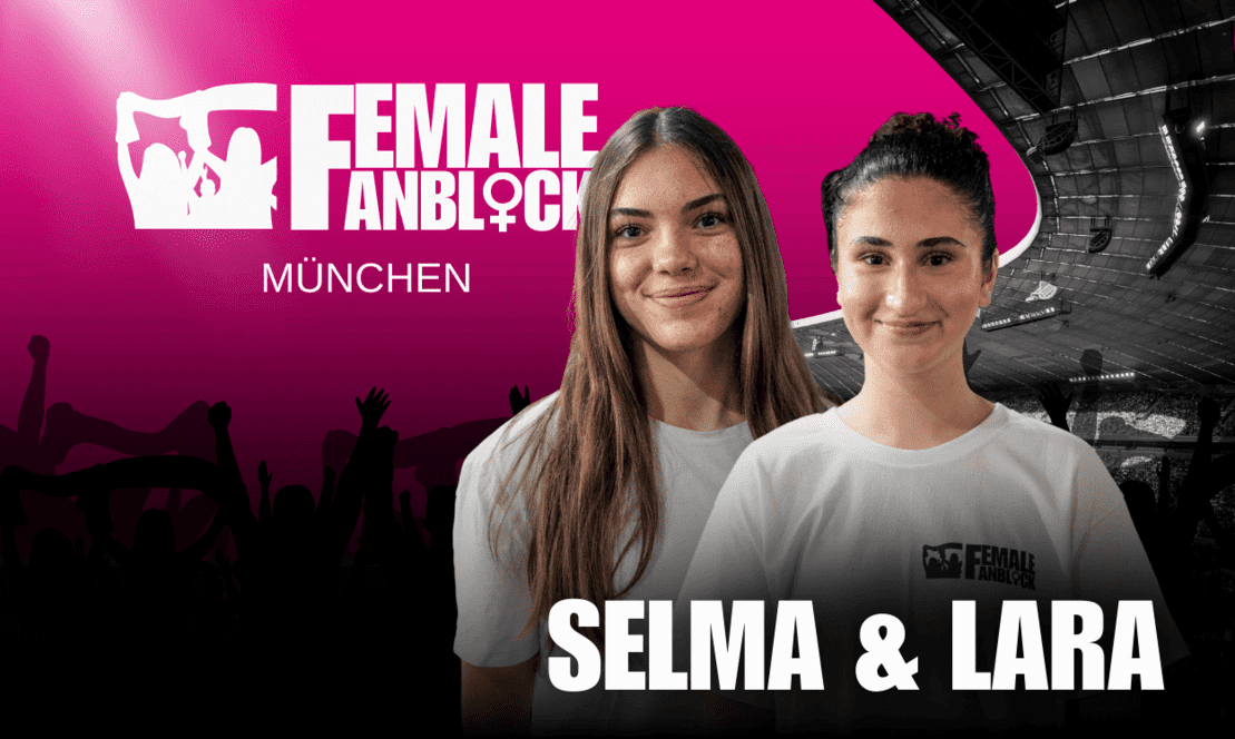 Porträt von Selma und Lara, die in weißen T-Shirts vor einer pinken Kulisse mit dem Logo „FEMALE ANBLOCK MÜNCHEN“ stehen.