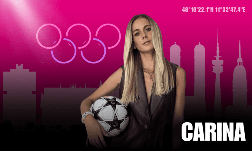 Frau mit langen Haaren h&auml;lt einen Fu&szlig;ball, vor einer stilisierten Stadtsilhouette und den Olympischen Ringen.