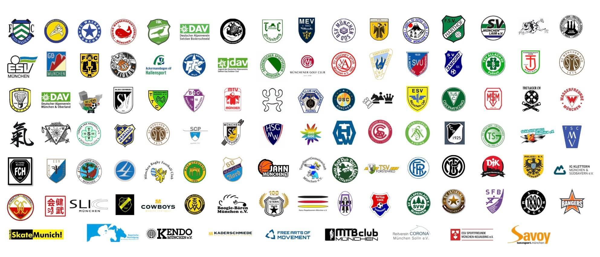 Kollage von Vereinslogos aus verschiedenen Sportarten auf weißem Hintergrund.